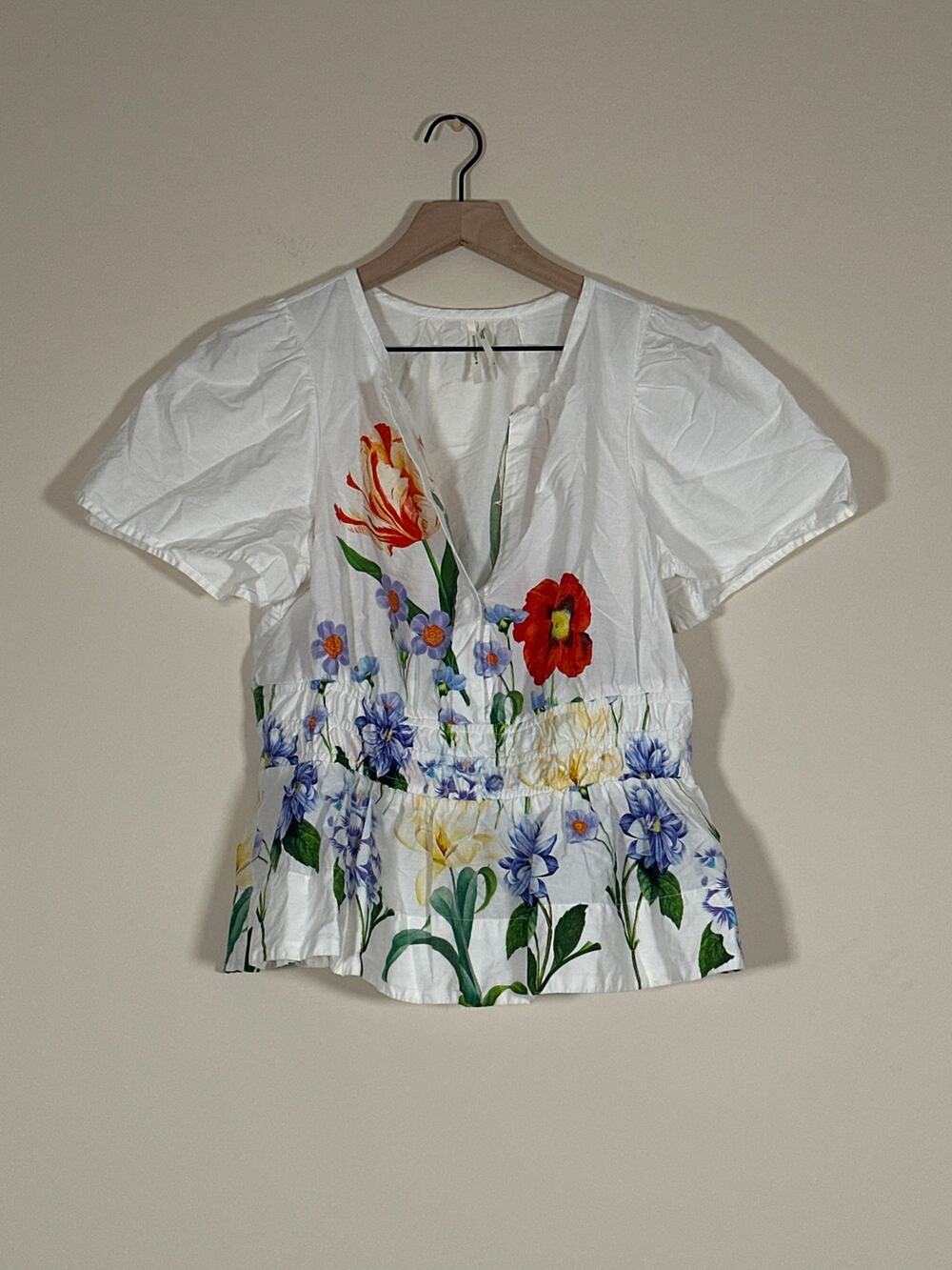 Anthropologie Somerset Blouse Medium White Floral Garden Print Cotton Top